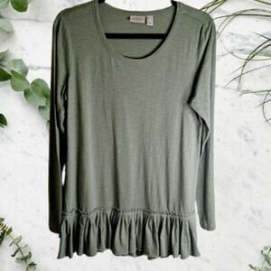 Logo small long sleeve olive green hem ruffle oversized cotton casual blouse.